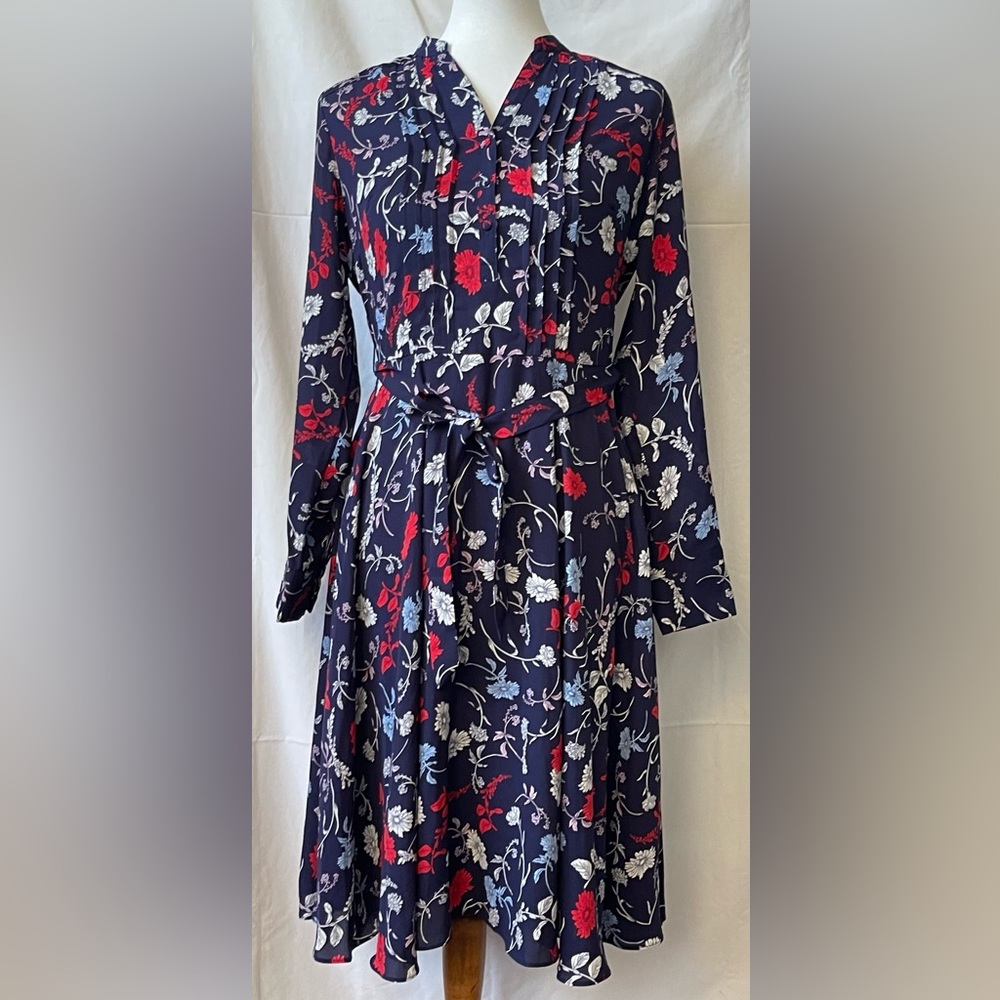 Beautiful Nanette Lepore Blue Floral Long Sleeve Belted Shirtdress Sz 12